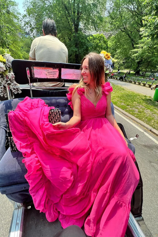 Fuchsia V-Neck Chiffon A-Line Long Prom Dress