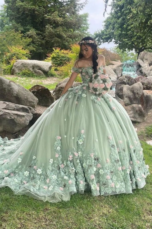 Elegant Sage Green Applique Off-the-shoulder Sweet 16 Quinceanera A-Line Floor-length Prom Dress Birthday Dress Evening Dress Ball Gown TP4533
