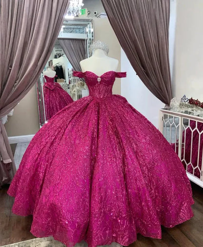 Elegant Hot Pink Sequin Off-the-shoulder Sweet 16 Quinceanera A-Line Tulle Floor-length Prom Dress Birthday Dress Evening Dress Ball Gown TP4541
