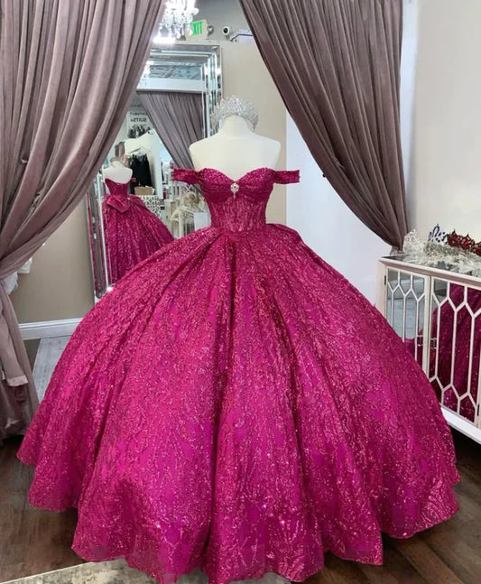 Elegant Hot Pink Sequin Off-the-shoulder Sweet 16 Quinceanera A-Line Tulle Floor-length Prom Dress Birthday Dress Evening Dress Ball Gown TP4541
