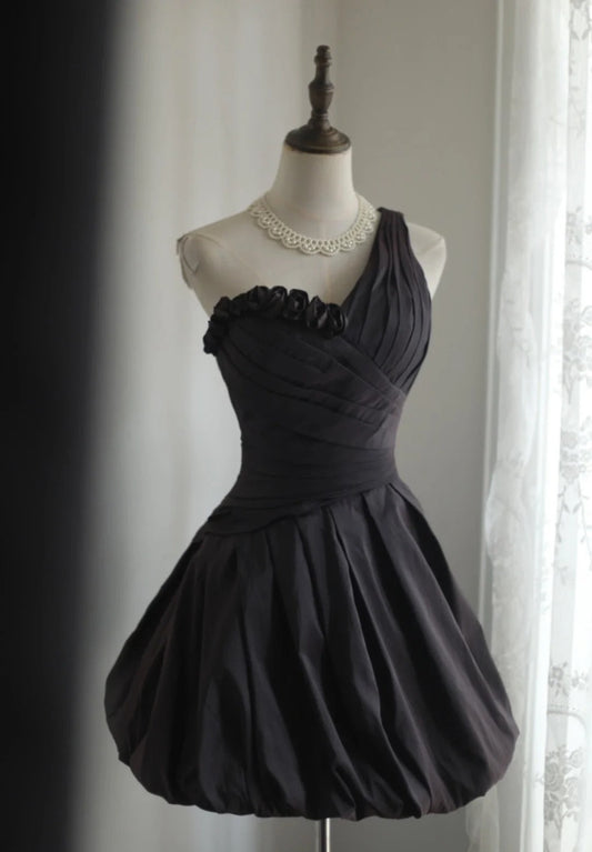 A Line Black One Shoulder Vintage Homecoming Dresses Short Prom Dress Short Party Dress    cg25926