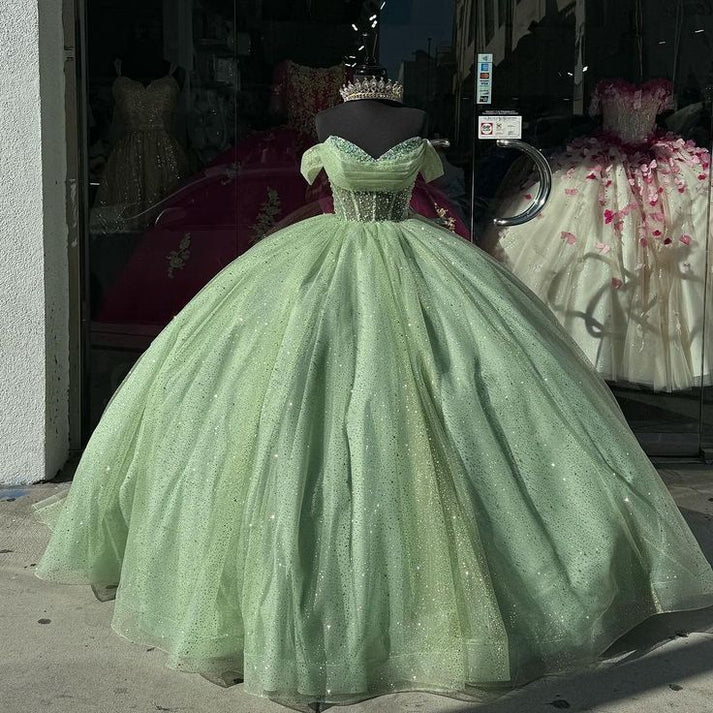 Elegant Sage Green Off-the-shoulder Sweet 16 Quinceanera A-Line Prom Dress Birthday Dress Evening Dress Ball Gown TP4521
