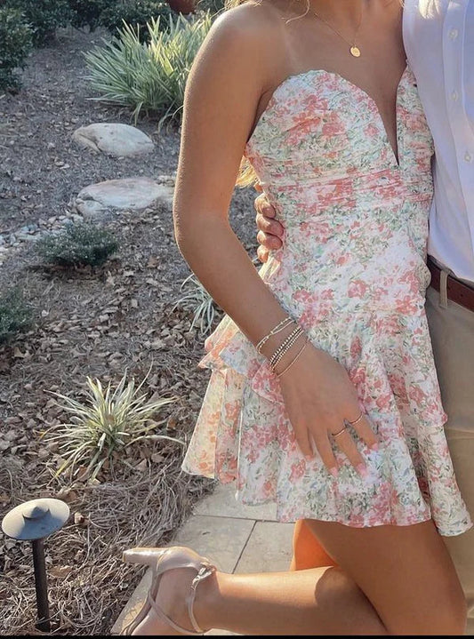 Vintage Floral Strapless Sweetheart A-Line Homecoming Dress Party Dress Cocktail Dress TP4706