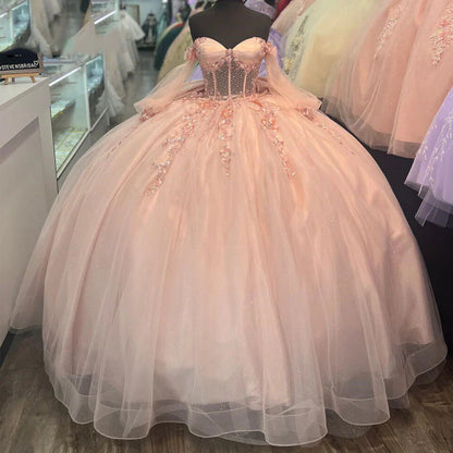 Cute Pink Sweetheart Beaded Off-the-shoulder Sweet 16 Quinceanera A-Line Prom Dress Birthday Dress Evening Dress Ball Gown TP4522