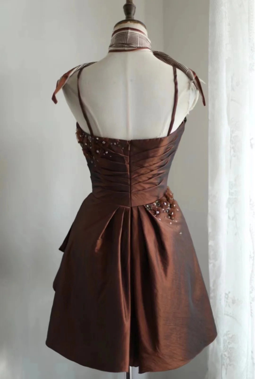 Vintage Brown Beading Design A-line Spaghetti Strap Party Dresses Homecoming Dresses, TP3804