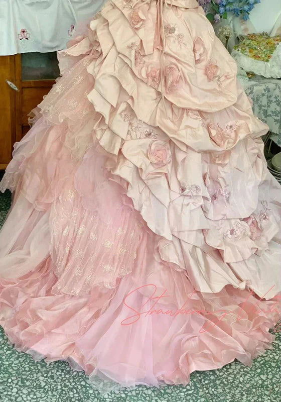 Elegant Pink 3D Flower Sweet 16 Quinceanera A-Line Floor-length Prom Dress Birthday Dress Evening Dress Ball Gown TP4421