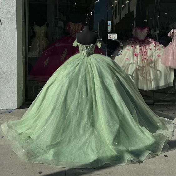 Elegant Sage Green Off-the-shoulder Sweet 16 Quinceanera A-Line Prom Dress Birthday Dress Evening Dress Ball Gown TP4521