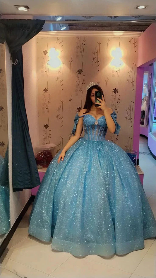 Elegant Blue Sweetheart Off-the-shoulder Sweet 16 Quinceanera A-Line Floor-length Prom Dress Birthday Dress Evening Dress Ball Gown TP4532