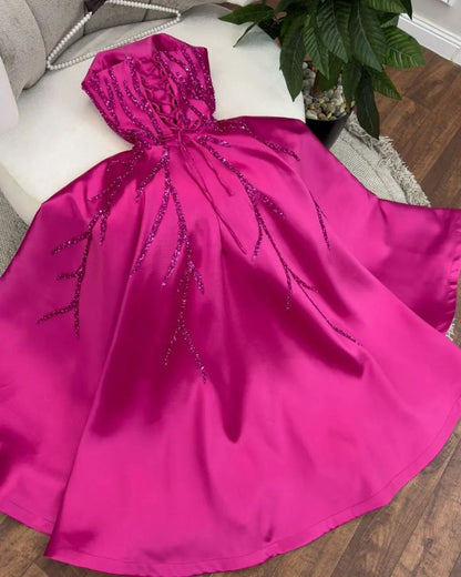 A Line Hot Pink Satin Sequin Long Party Dress Evening Dress Prom Dresses     cg25679