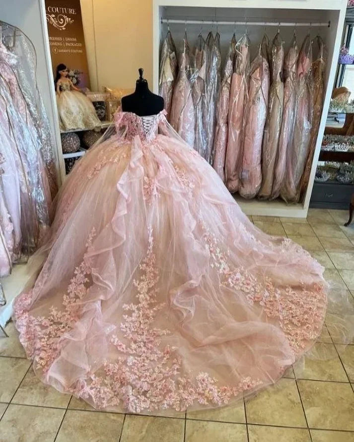 Beautiful Pink Sweetheart Applique Sweet 16 Quinceanera A-Line Tulle Floor-length Prom Dress Birthday Dress Evening Dress Ball Gown TP4547