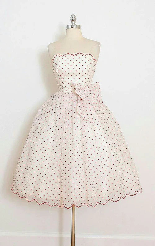 Vintage Red Polka Dot Bowknot Strapless A-Line Homecoming Dress Party Dress Cocktail Dress TP4704