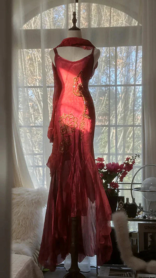 Vintage Red Embroidery Prom Dress Beaded Mermaid Evening Dress Long Formal Dress TP4653