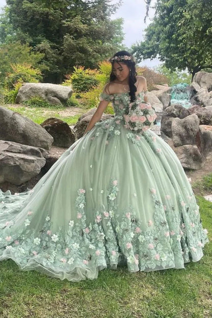 Elegant Sage Green Applique Off-the-shoulder Sweet 16 Quinceanera A-Line Floor-length Prom Dress Birthday Dress Evening Dress Ball Gown TP4533