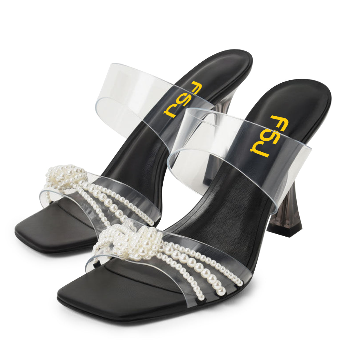 Black & Clear Square Toe Pearl Embellished Flared Heel Mules Sandals