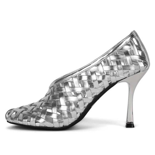 Silver Metallic Round Toe Stiletto Heel Woven Pumps for Women