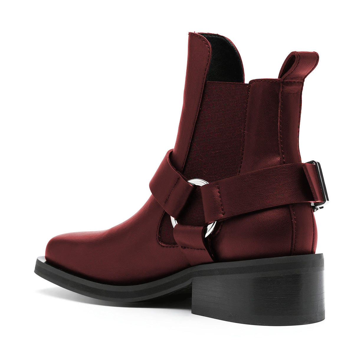 Adjustable Buckle Strap Square Toe Block Heeled Ankle Boots in Maroon