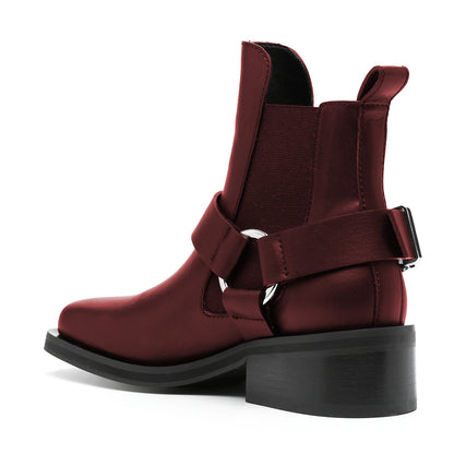Adjustable Buckle Strap Square Toe Block Heeled Ankle Boots in Maroon
