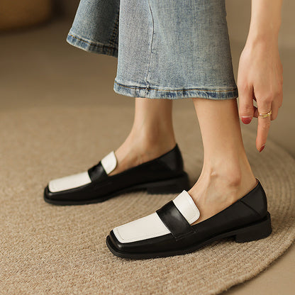Black & White Square Toe Block Heel Loafers for Women