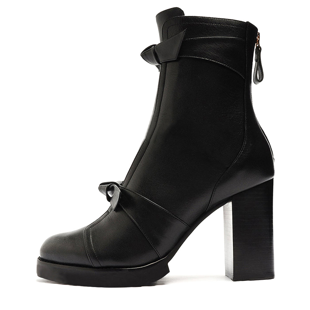 Women's Round Toe Double Knotted Block Heel Ankle Boots with Zip