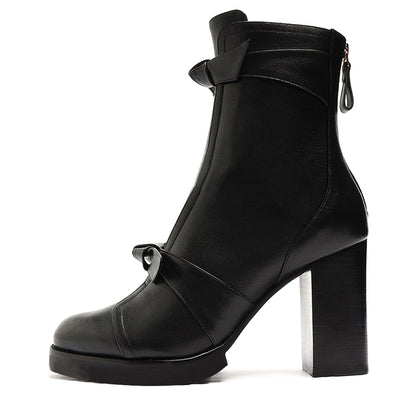 Women's Round Toe Double Knotted Block Heel Ankle Boots with Zip