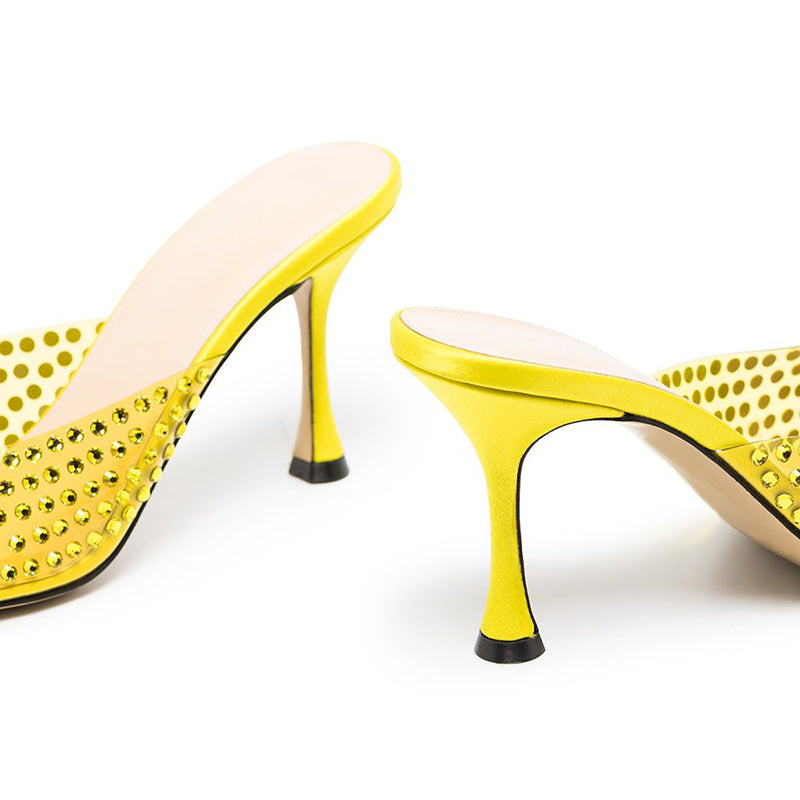 Yellow Rhinestone Kitten Heels Pointed Toe Transparent Mules