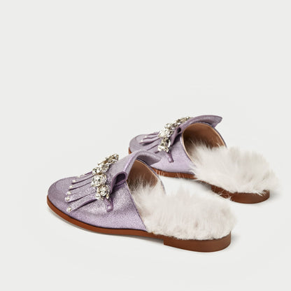 Violet Glitter Flats Fringe Crystal Furry Mule Loafers for Women