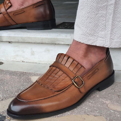 Vintage Brown Gradient Buckle Strap Fringe Flats Women's Loafers