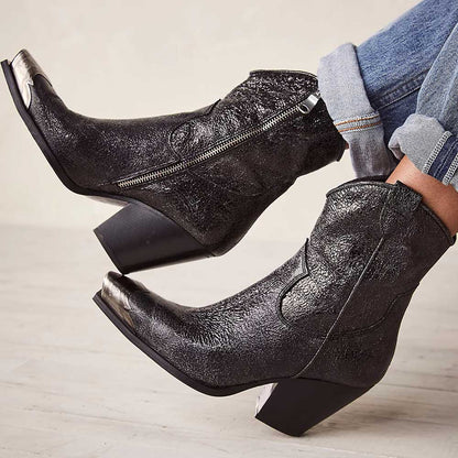 Black Metallic Snip Toe Chunky Heel Cowgirl Ankle Boots with Zipper