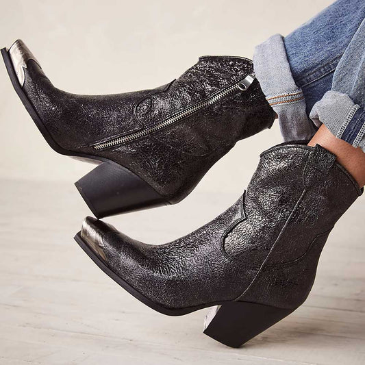 Black Metallic Snip Toe Chunky Heel Cowgirl Ankle Boots with Zipper