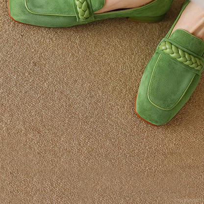 Green Vegan Suede Square Toe Chunky Heel Chain Loafers
