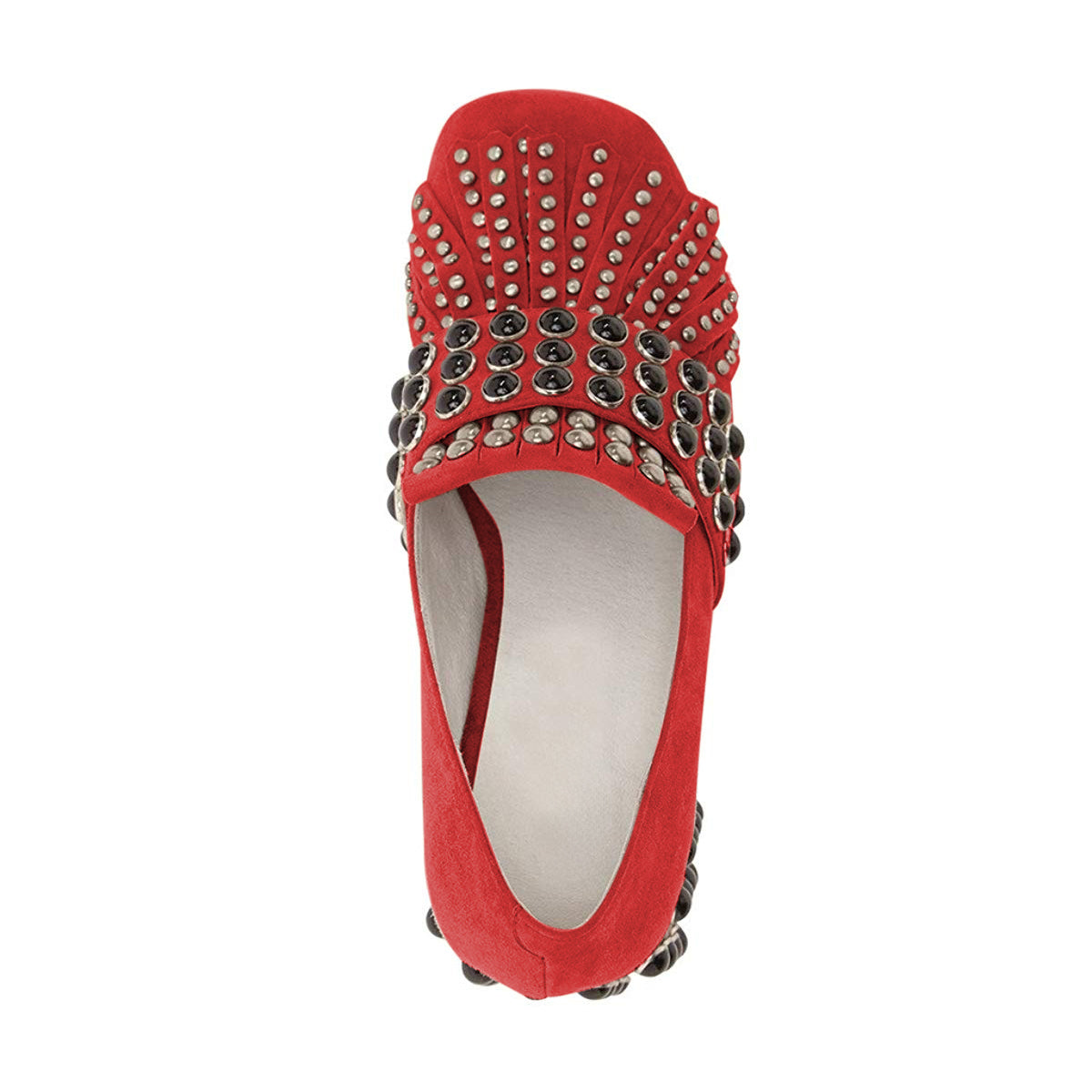 Women's Red Vegan Suede Square Toe Studded Fringe Heeled Loafers