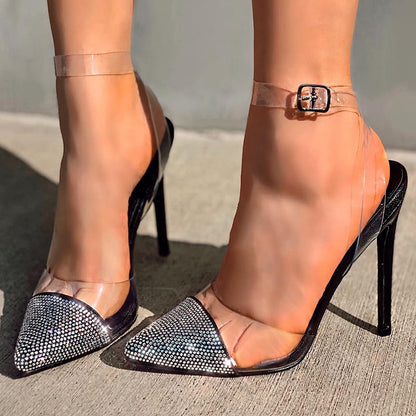 Women's Trendy Clear Heels Rhinestone Cap Toe Pumps Shoes in Black