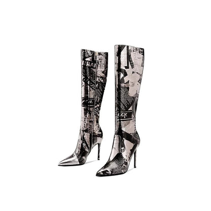 Grey Newspapers Print Pointed Toe Stiletto Heel Knee High Boots