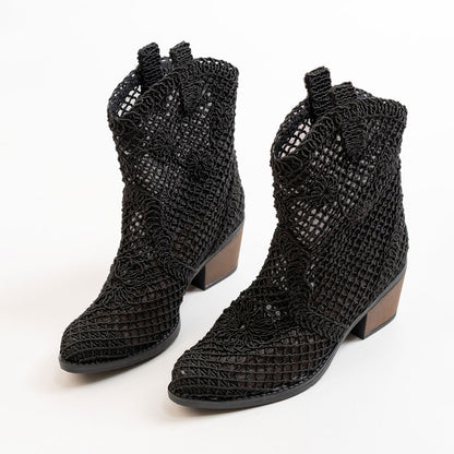 Women__ Classic Mid Block Heel Hollow-Out Black Western Boots