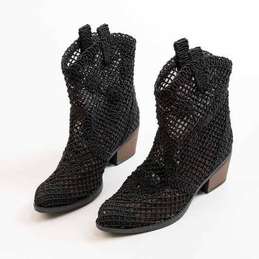 Women__ Classic Mid Block Heel Hollow-Out Black Western Boots