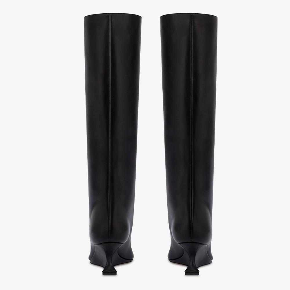 Black Pointed Toe Sculptural Wedge Heel Pull-On Knee High Boots