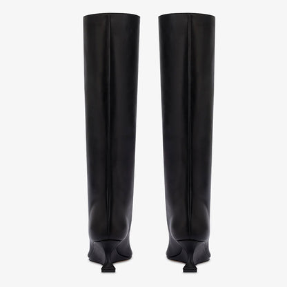 Black Pointed Toe Sculptural Wedge Heel Pull-On Knee High Boots
