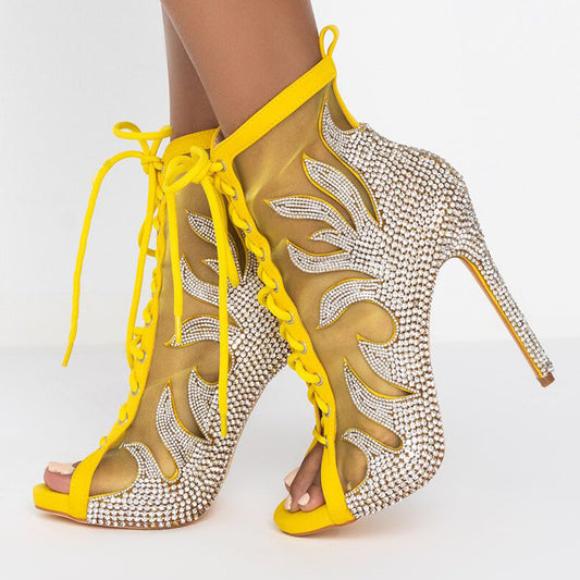 Yellow Open Toe Lace Up Shoes Rhinestones Stiletto Heel Booties