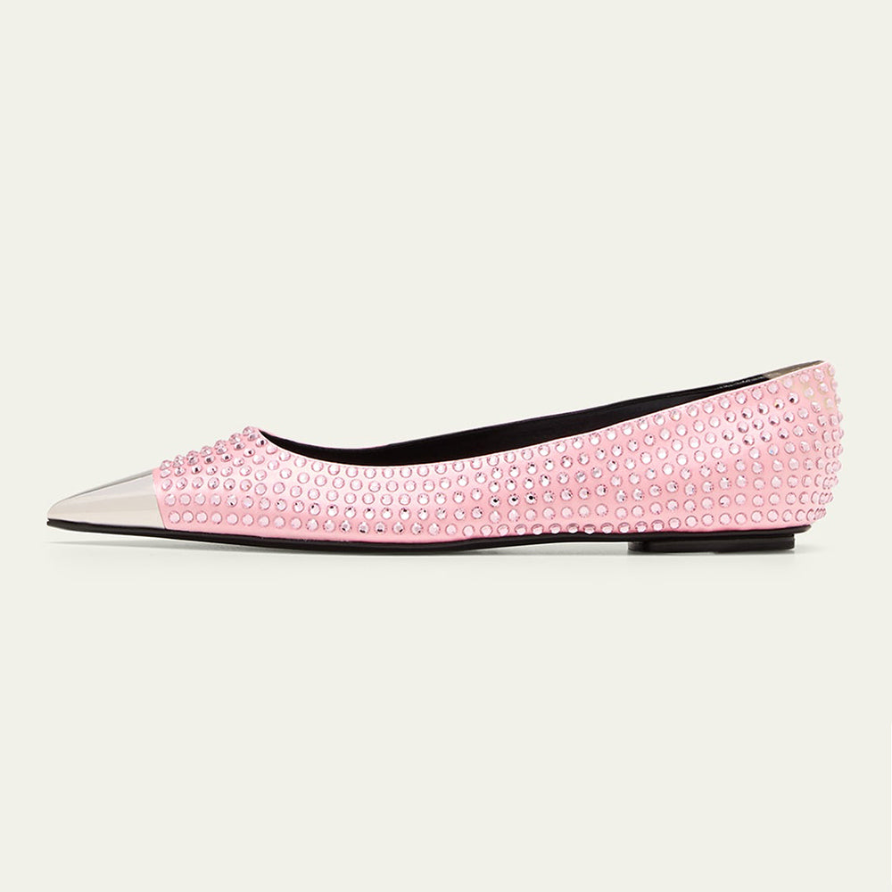 Pink & Silver Pointy Toe Cap Detailing Rhinestone Embellished Flats