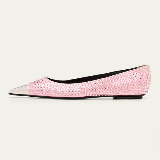 Pink & Silver Pointy Toe Cap Detailing Rhinestone Embellished Flats