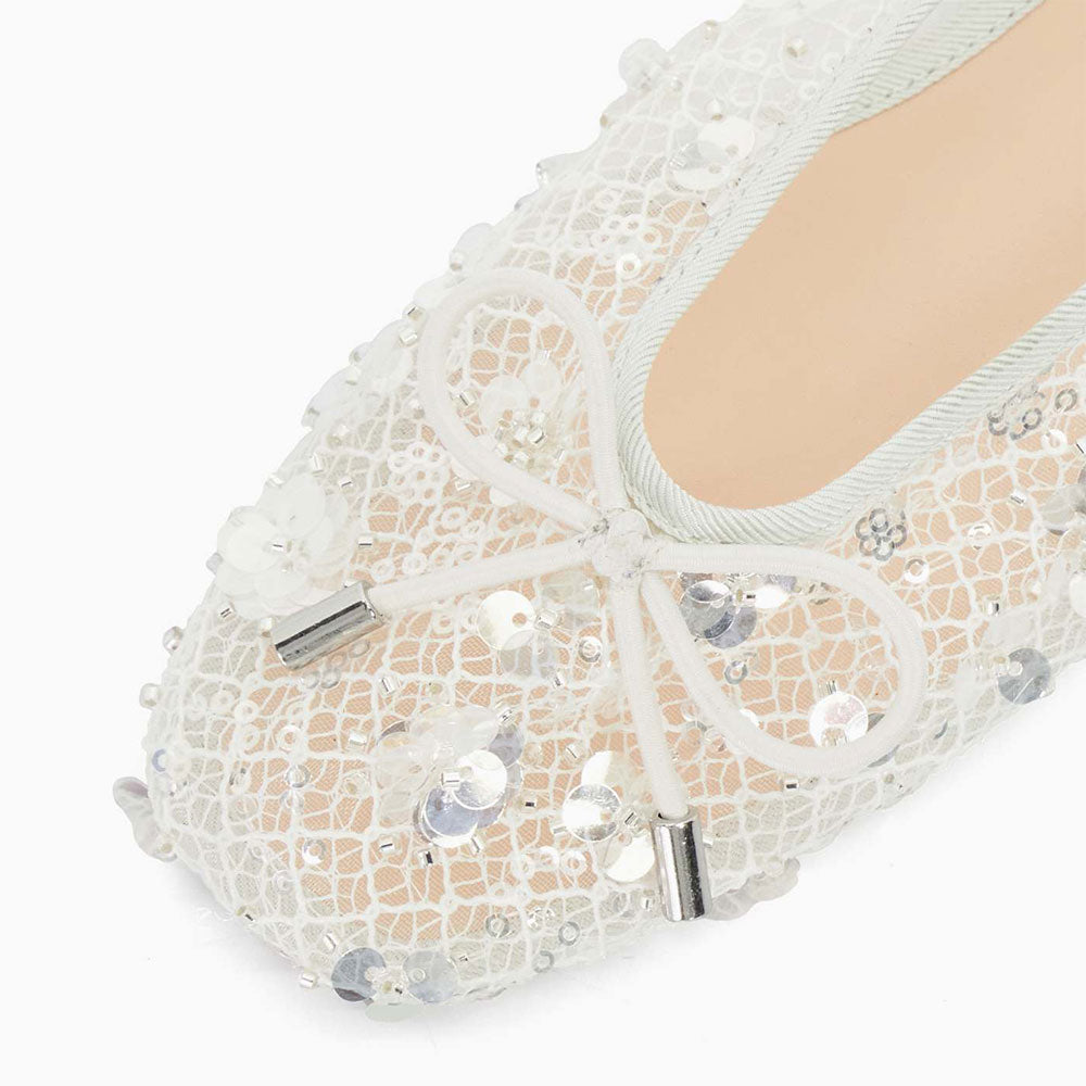 Chic White Mesh Sequin Flower Square Toe Bow Decor Ballet Flats
