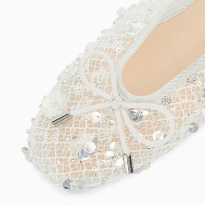 Chic White Mesh Sequin Flower Square Toe Bow Decor Ballet Flats