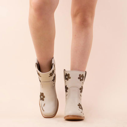 Beige Square Toe Block Heel Cowboy Ankle Boots with Gold Flowers