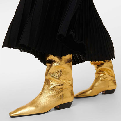 Gold Metallic Low Heel Knee High Boots for Women with Square Toe
