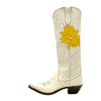 Beige Pointed Toe Yellow Floral Stitching Chunky Heel Knee High Boots