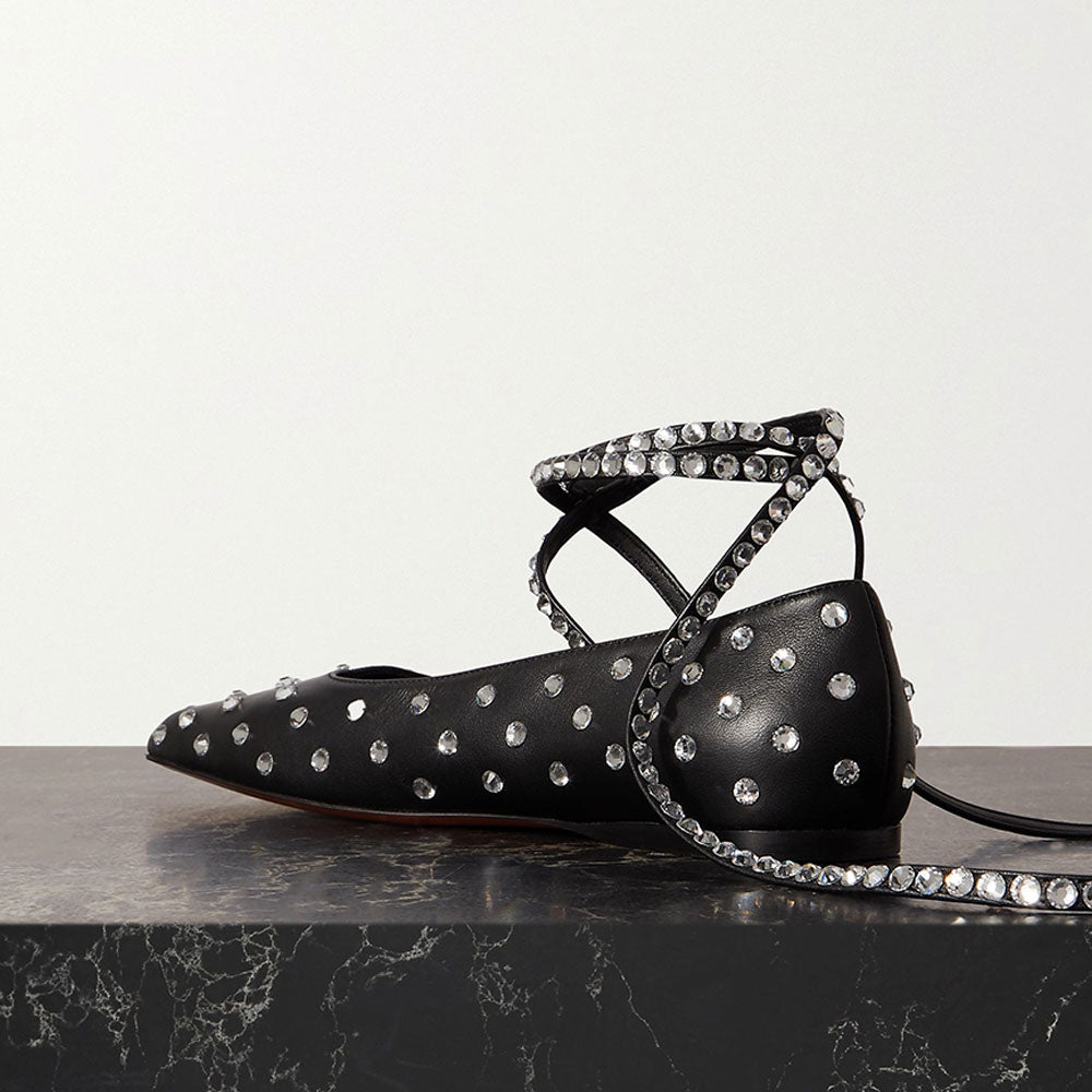 Black Square Toe Rhinestone Decor Strappy Ballet Flats