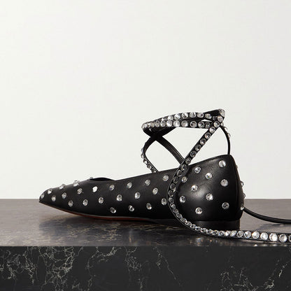 Black Square Toe Rhinestone Decor Strappy Ballet Flats