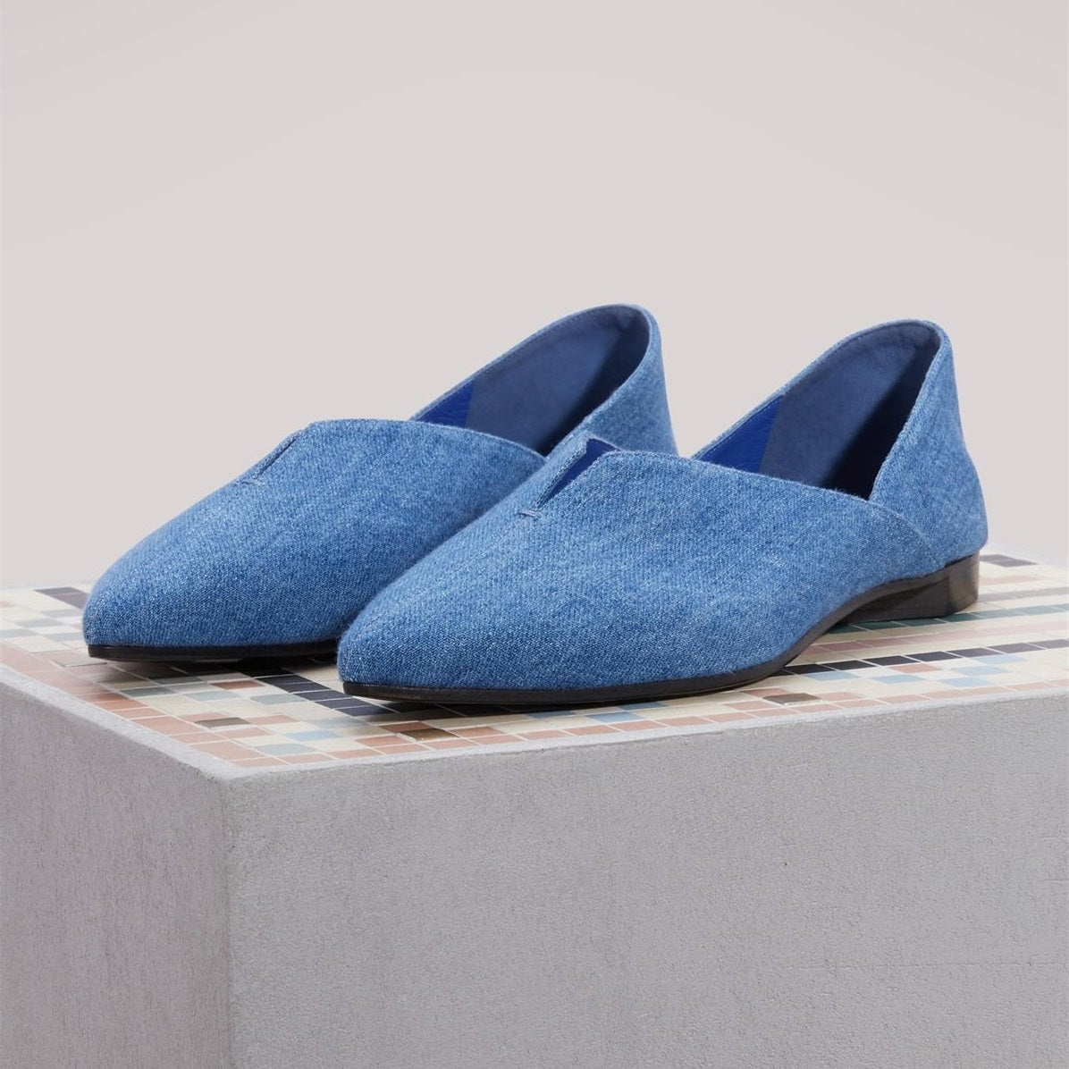 Blue Closed Toe Notched Casual Denim Flats for Women