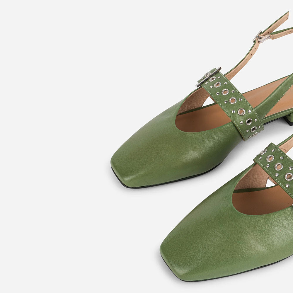 Green Vegan Leather Square Toe Grommet Strap Slingback Flats