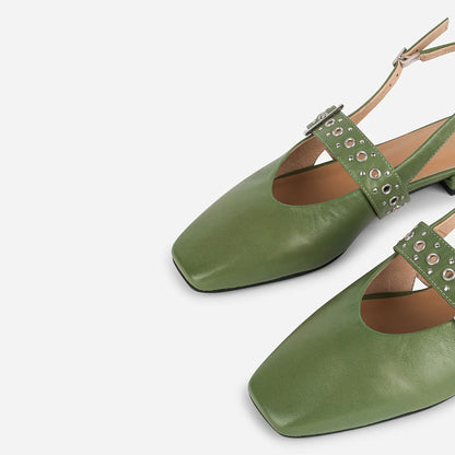 Green Vegan Leather Square Toe Grommet Strap Slingback Flats